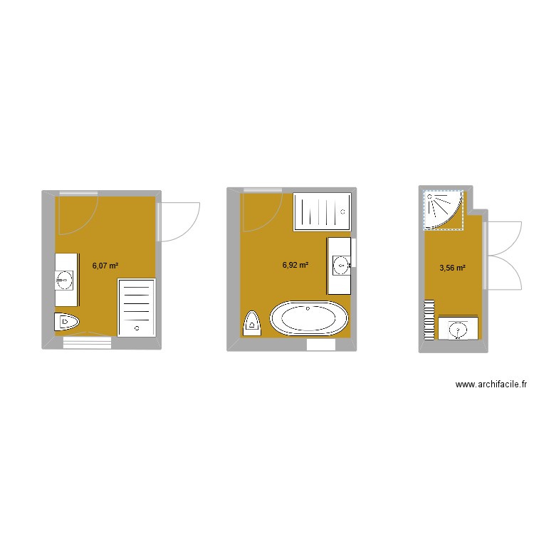 SDB manoir. Plan de 3 pièces et 17 m2