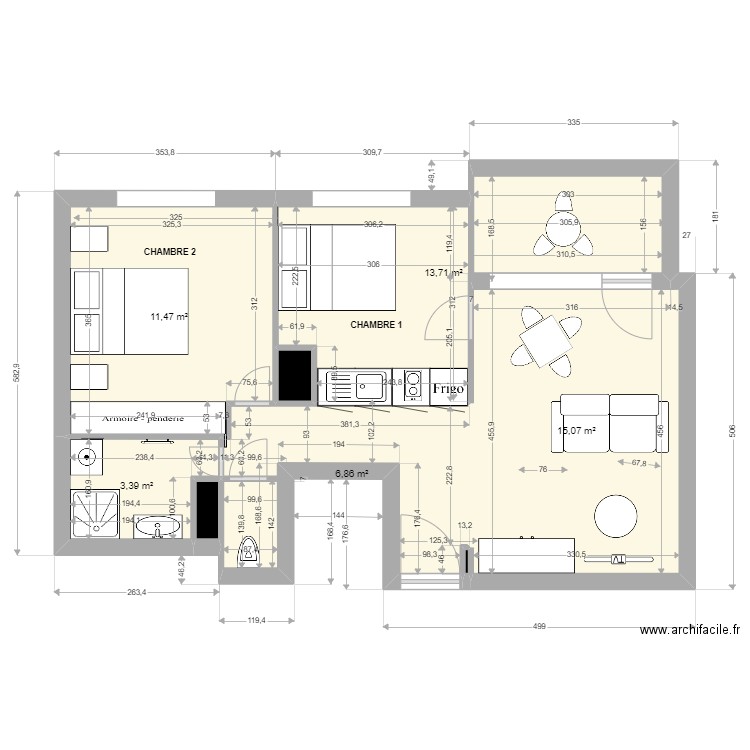 T2T3 Marlyse Mireles cuisine couloir sans ilot. Plan de 8 pièces et 51 m2