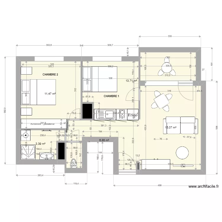 T2T3 Marlyse Mireles cuisine couloir sans ilot. Plan de 