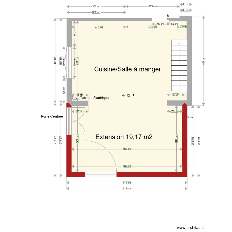 Cuisine. Plan de 1 pièce et 44 m2