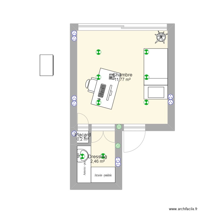 Chambre. Plan de 3 pièces et 14 m2