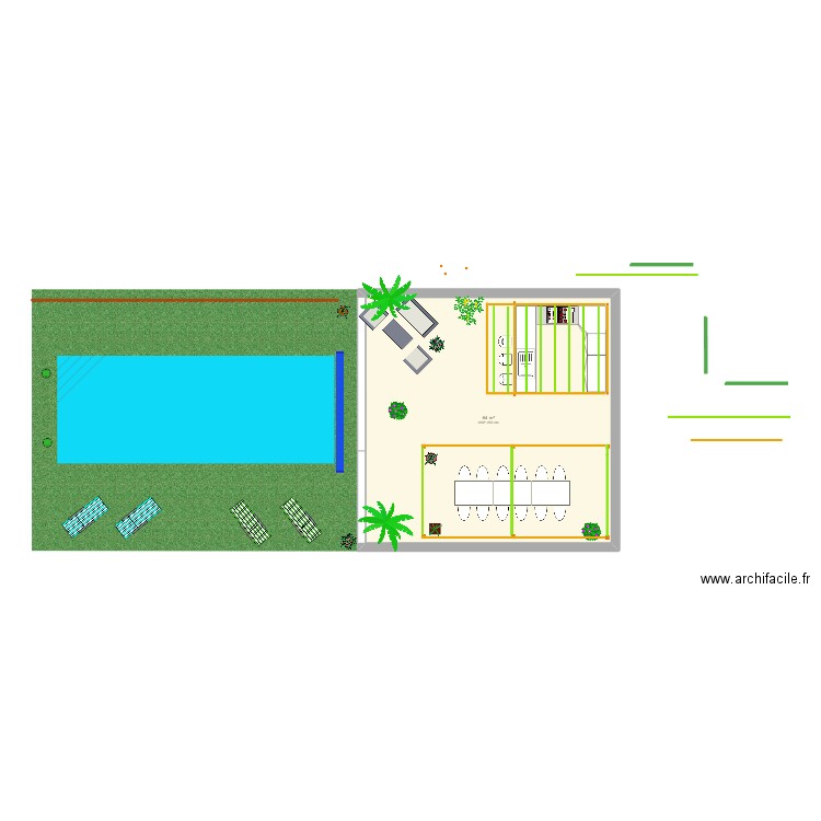 Terrasse piscine. Plan de 1 pièce et 64 m2