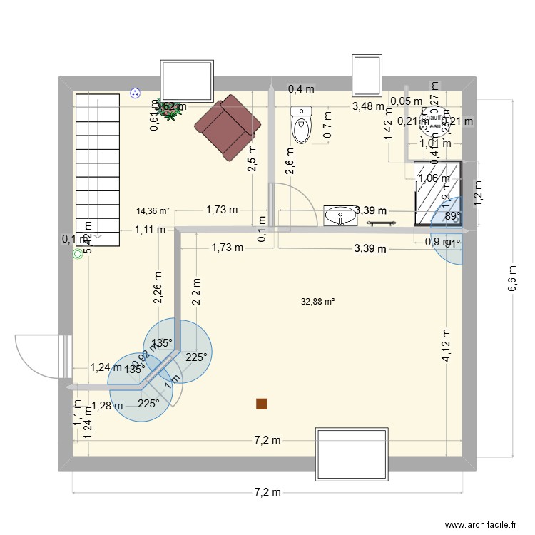 chambre qui fait peur avecVelux. Plan de 2 pièces et 47 m2