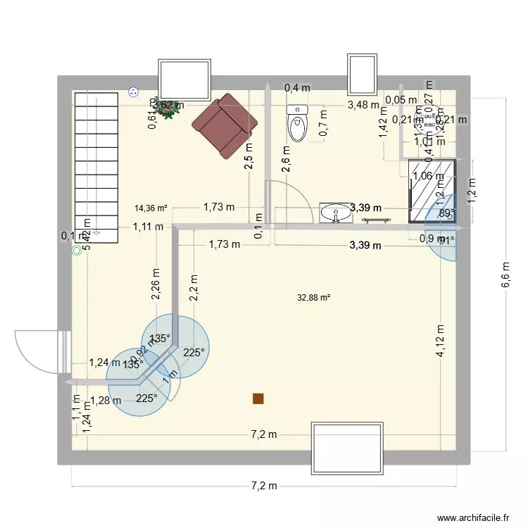 chambre qui fait peur avecVelux. Plan de 2  et 47 m²