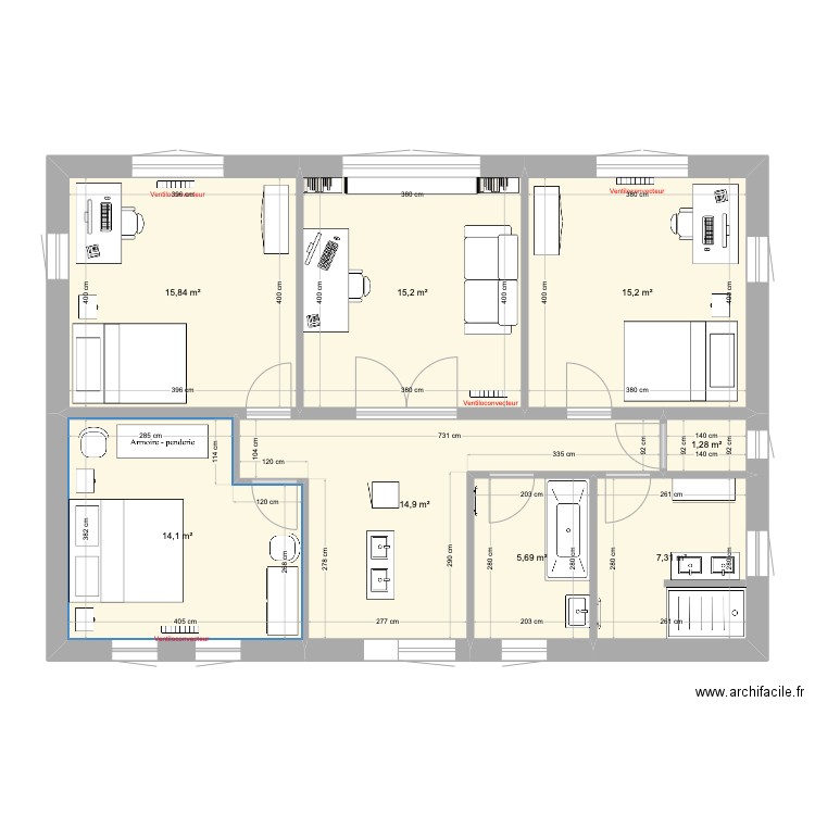 1er etage. Plan de 8 pièces et 90 m2