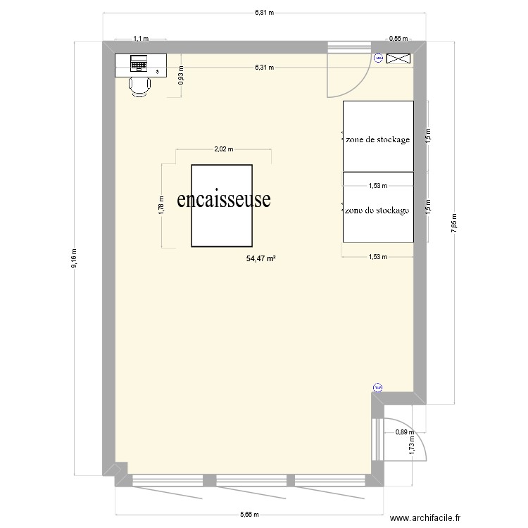 Salle encaisseuse. Plan de 1 pièce et 54 m2