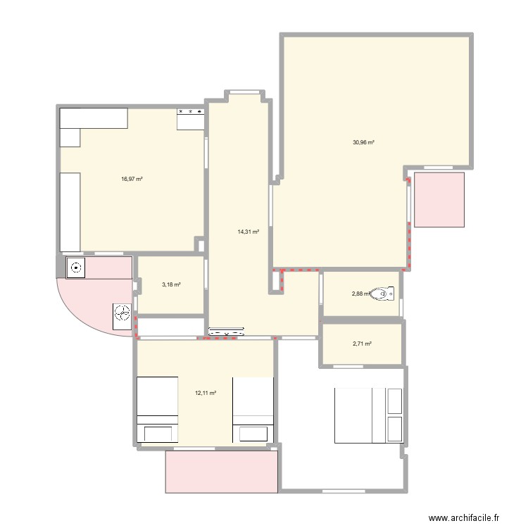 SBA. Plan de 7 pièces et 83 m2