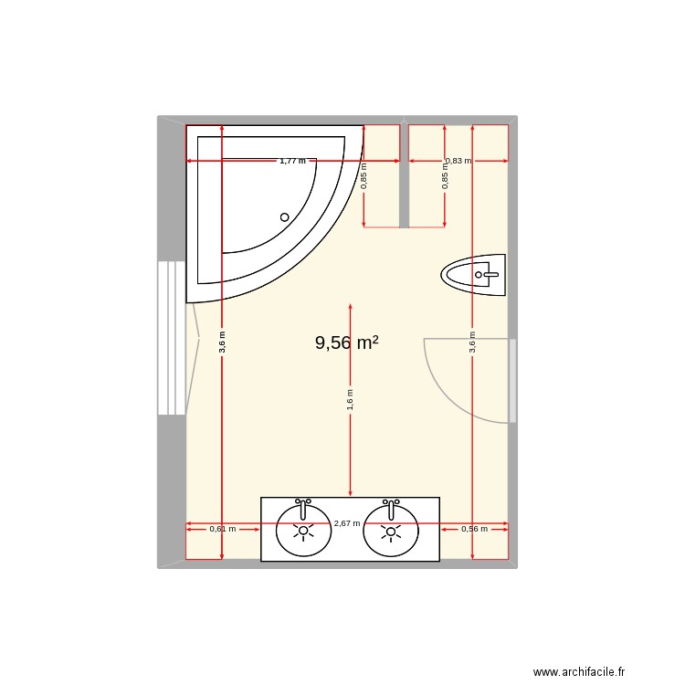 sdb actuelle. Plan de 1 pièce et 10 m2