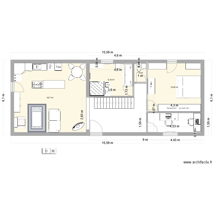 Maison 1 agrandissement. Plan de 4 pièces et 60 m2