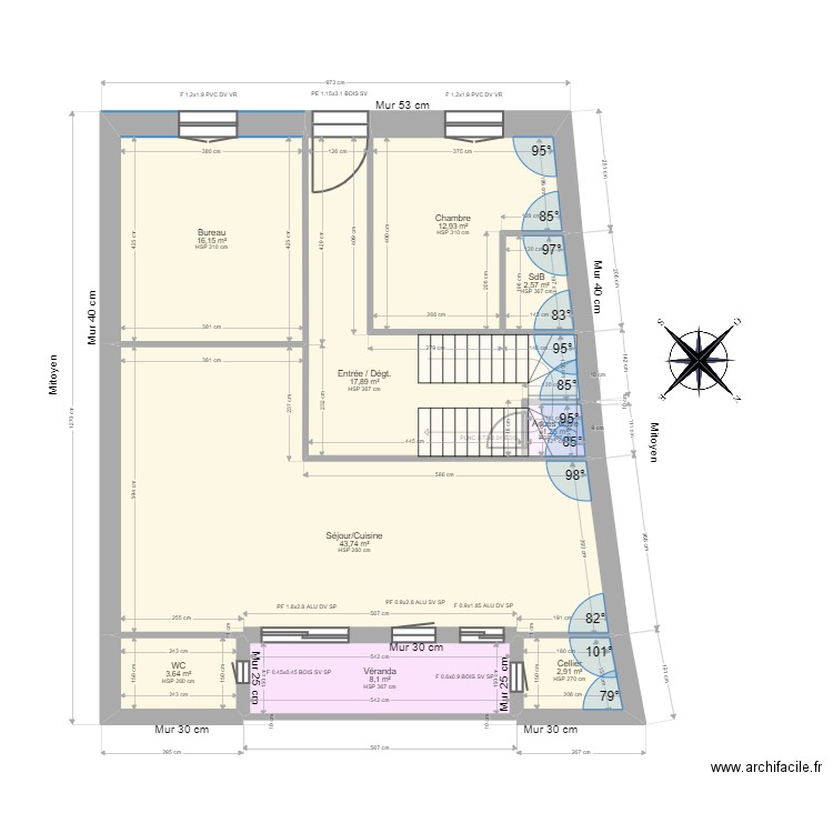 PRADELOU. Plan de 21 pièces et 209 m2