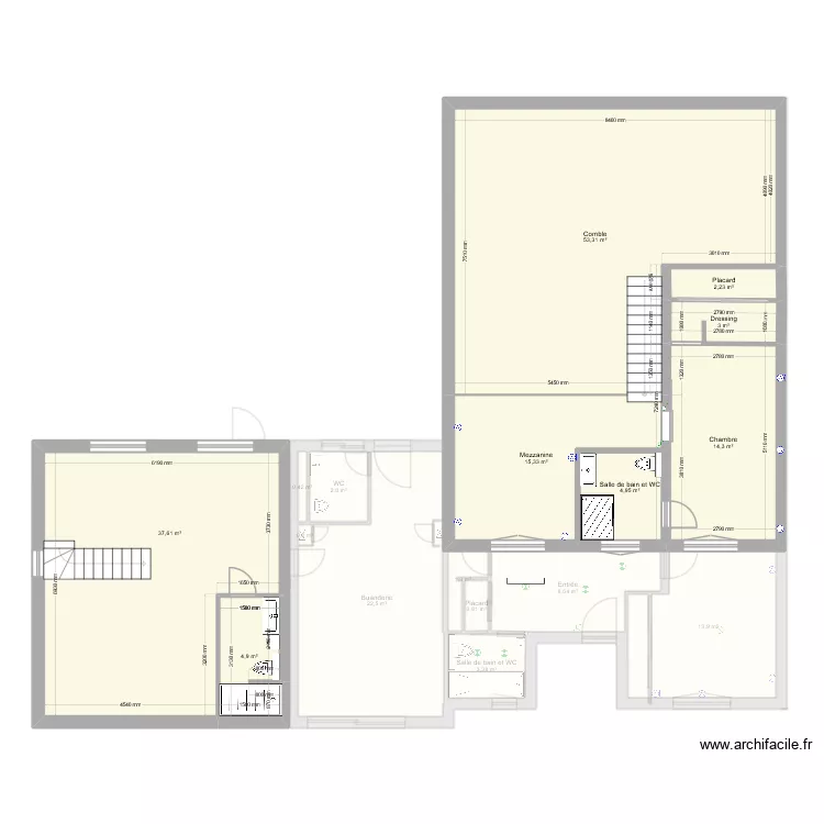 Plan tous niveaux terrain soussol rez1er avec extension. Plan de 37  et 1444 m²