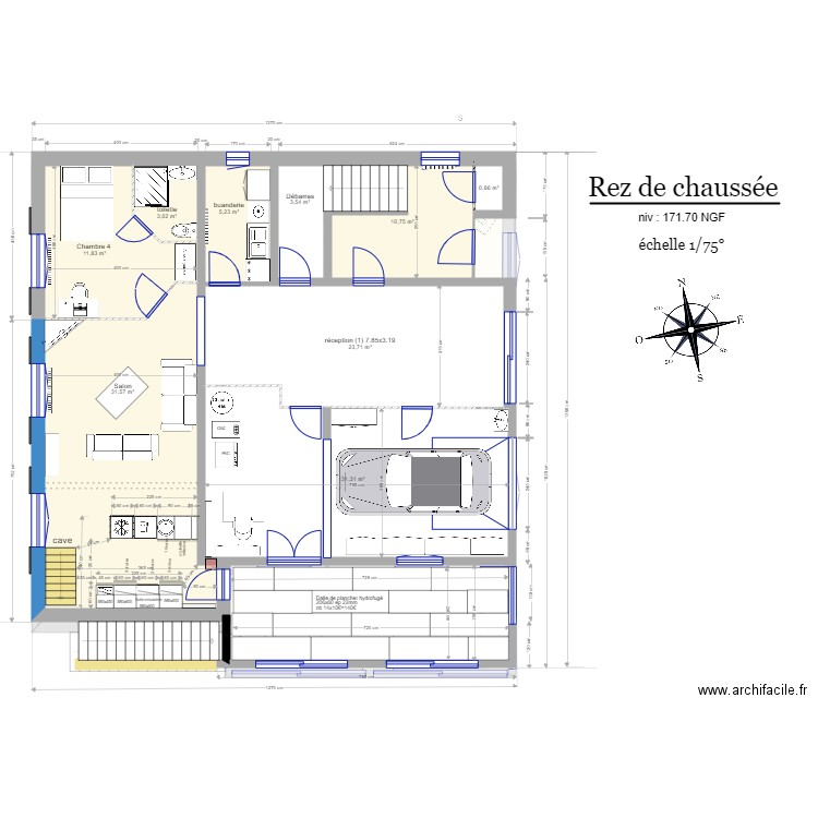 Rez de Chaussée sous terrasse. Plan de 26 pièces et 261 m2