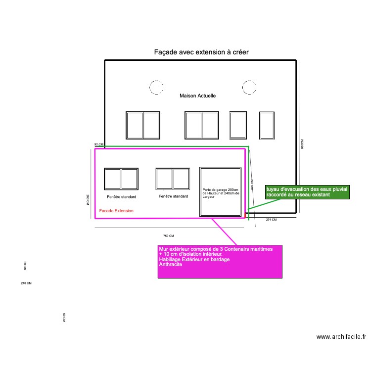 Façade avec extension . Plan de 2 pièces et 67 m2