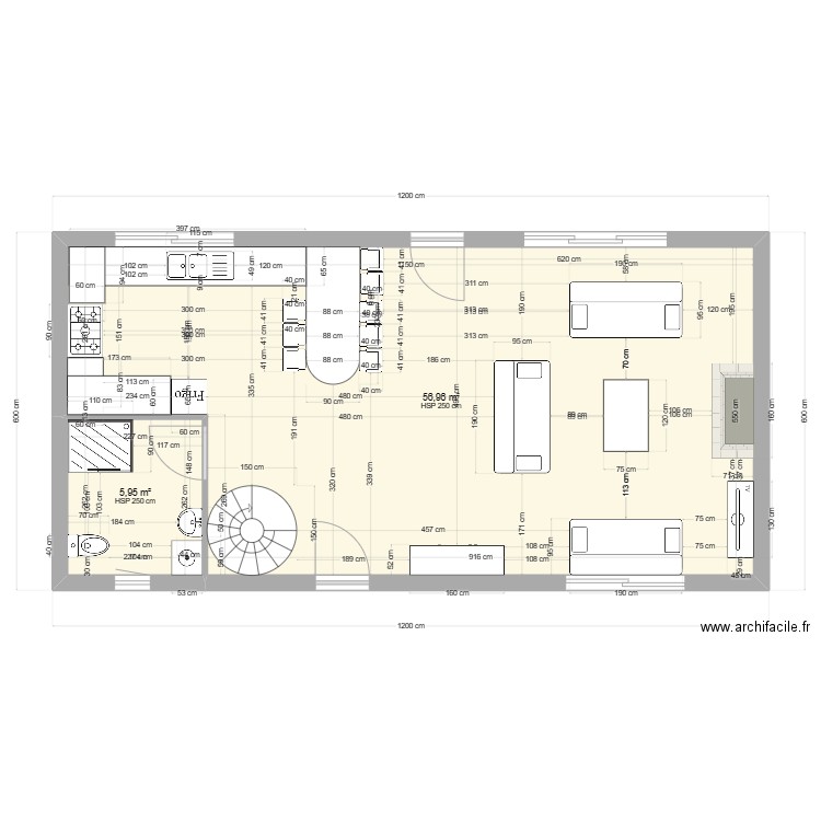 RDC hangar. Plan de 2 pièces et 63 m2