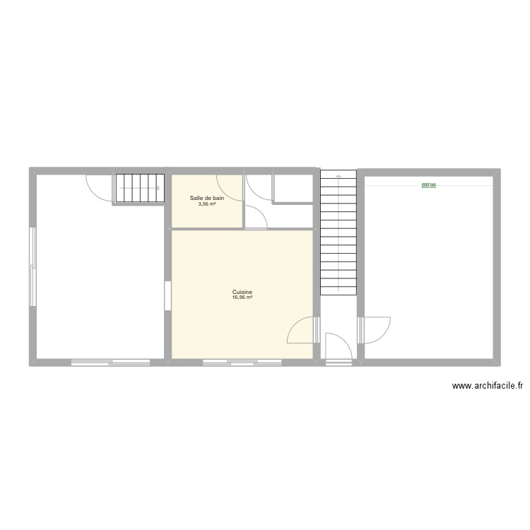 Plan RDC avec ouvertures cuisine et grange. Plan de 2 pièces et 21 m2