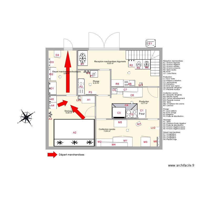 Plan flux départ marchandises. Plan de 6 pièces et 83 m2