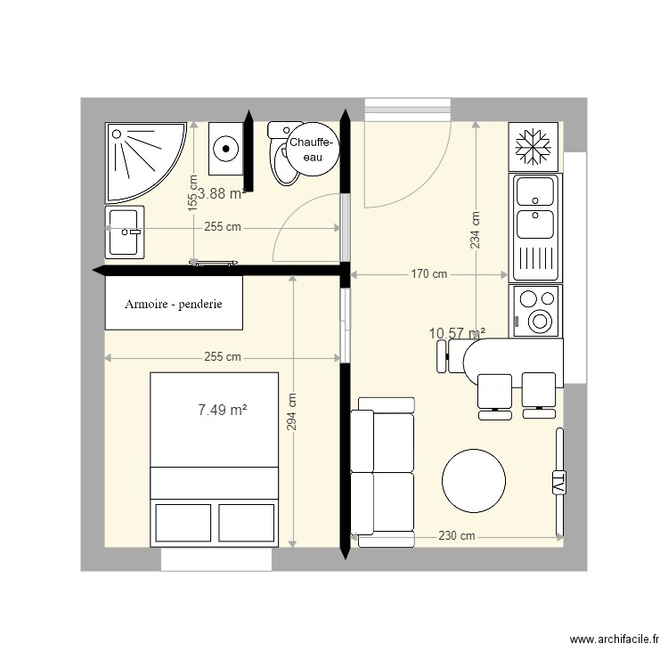 studio 2. Plan de 3 pièces et 22 m2