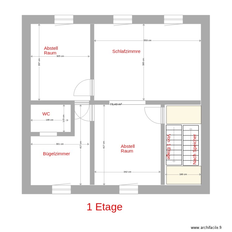 Cadastre 1a Etage. Plan de 1 pièce et 73 m2