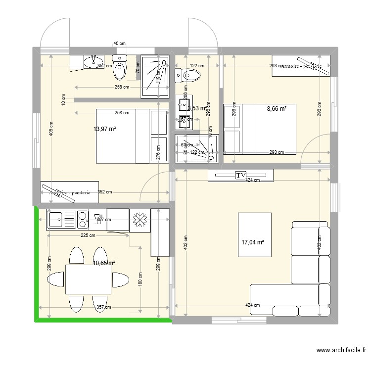 bungalow 2 chambres parentales. Plan de 5 pièces et 54 m2