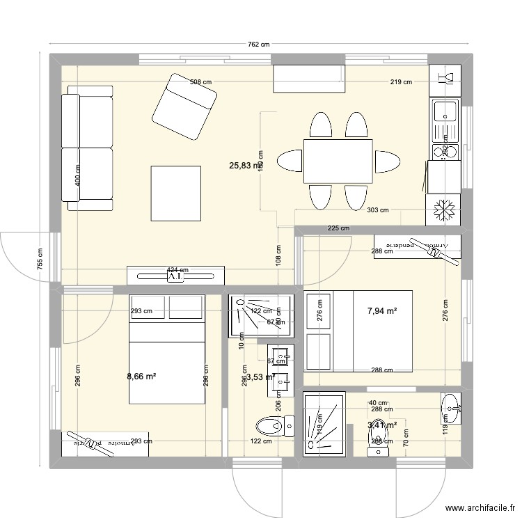 bungalow 2 chambres parentales. Plan de 5 pièces et 54 m2