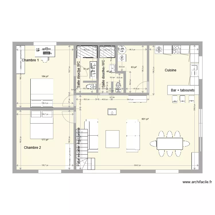 Plan interieur Nov 21 avec 2 SdB 2 WC escalier mezzanine. Plan de 