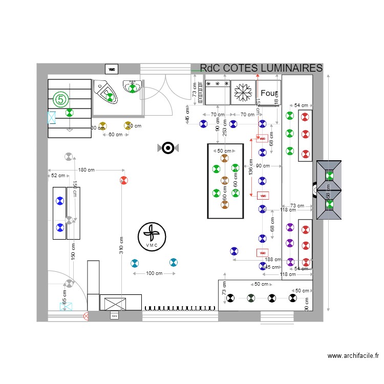 cotes sortie VMC. Plan de 1 pièce et 35 m2