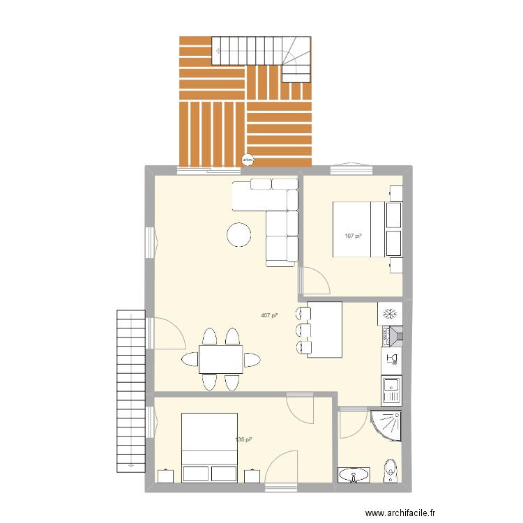 242 2eme étage arrière avec terrasse plus grande. Plan de 3 pièces et 60 m2