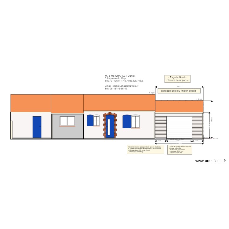 Extension garage Façade Nord couverture et bardage bois. Plan de 0 pièce et 0 m2
