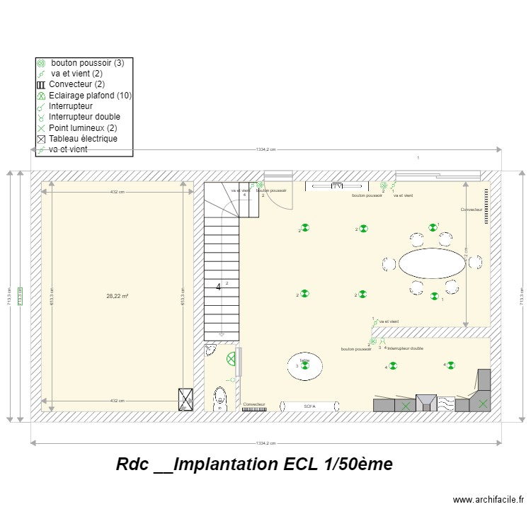  version 3 - Rdc __ implantation éclairage 1/50ème. Plan de 3 pièces et 80 m2