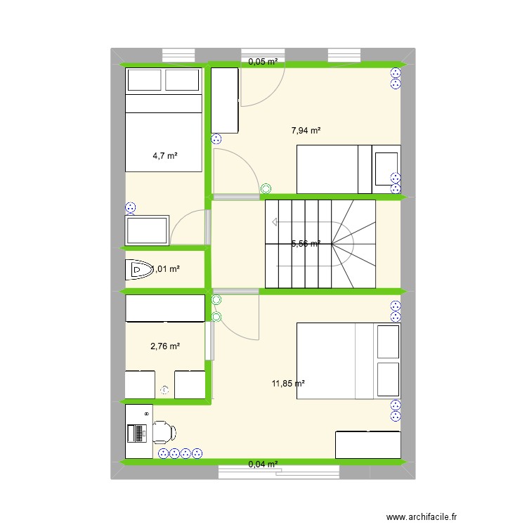 chalet haut dressing droite. Plan de 8 pièces et 34 m2