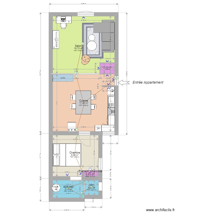 Projet LCD Rennes Oriane Projeté. Plan de 7 pièces et 48 m2