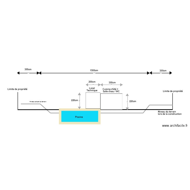 Plan en coupe terrain piscine et pool house. Plan de 0 pièce et 0 m2