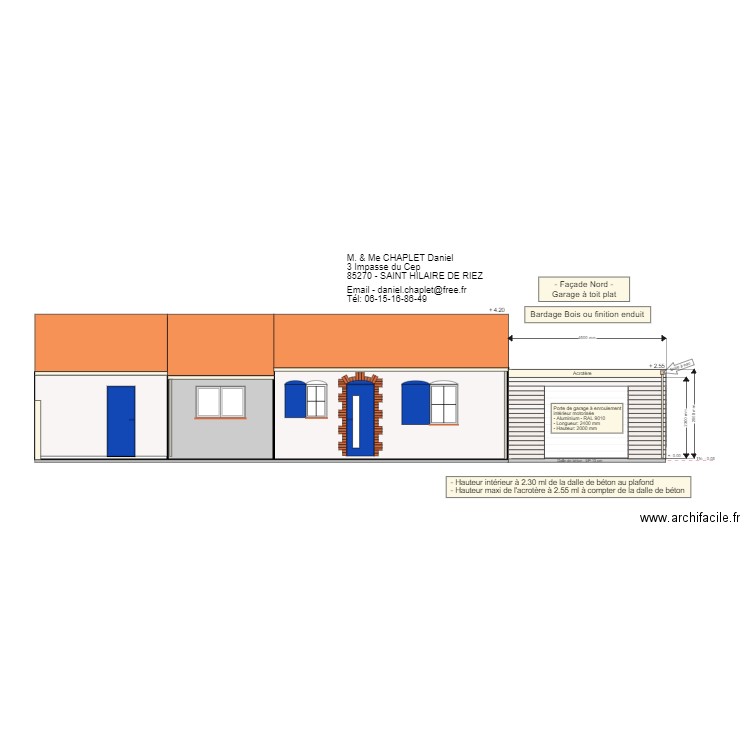 Extension garage -  Façade Nord - Toit plat - Bardage bois. Plan de 2 pièces et 25 m2