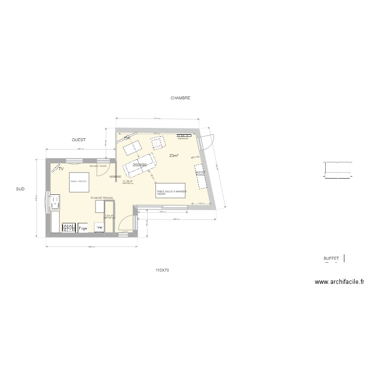 Extension cuisine POTEAU. Plan de 2 pièces et 42 m2