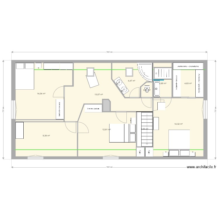 1er étage. Plan de 20 pièces et 94 m2