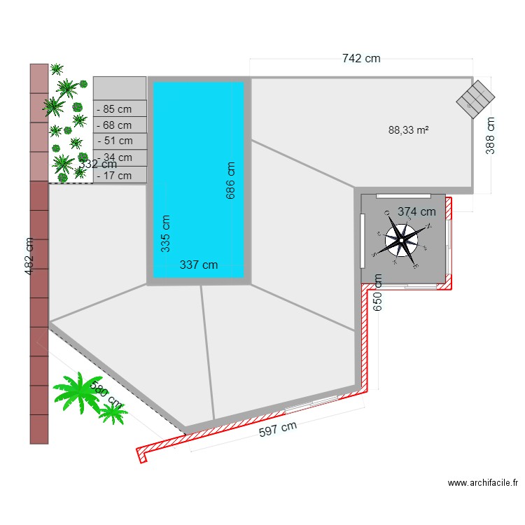 Plage piscine 2. Plan de 1 pièce et 88 m2