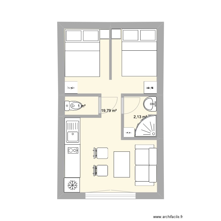 Plan 4 studio Moulin. Plan de 3 pièces et 23 m2