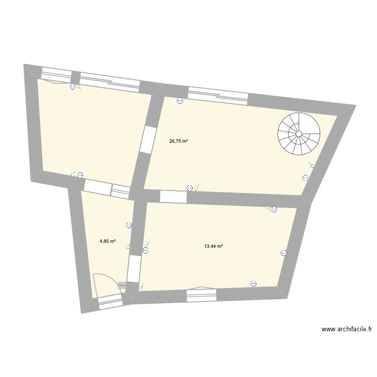 Plan actuel. Plan de 3 pièces et 45 m2