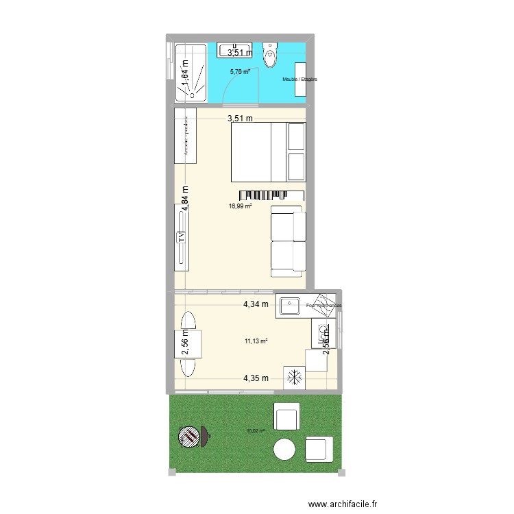 studio. Plan de 3 pièces et 34 m2