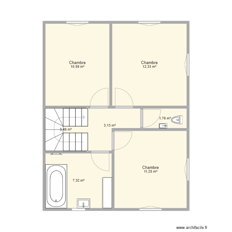 Etage version 3 chambres. Plan de 7 pièces et 50 m2