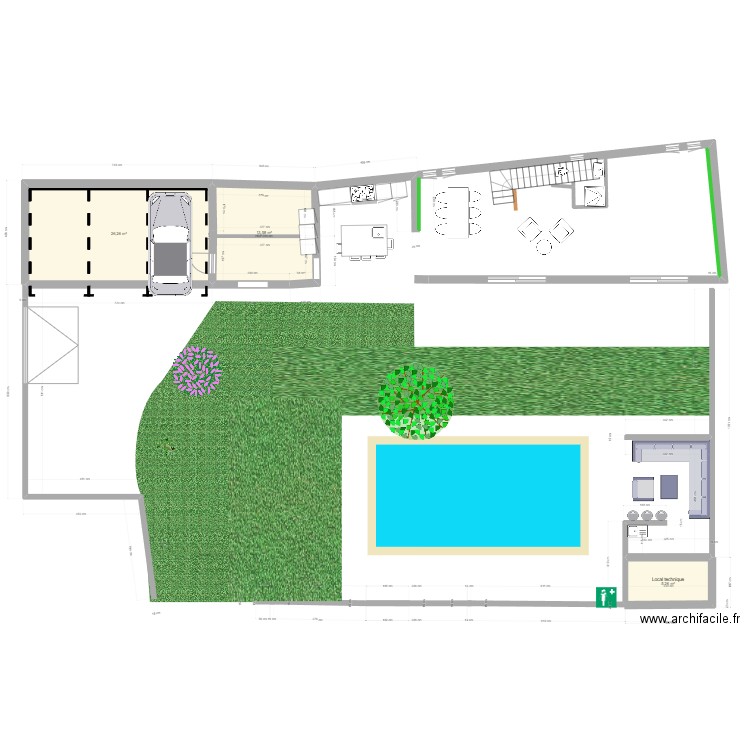 Plan Mas RDC v3 avec Jardin/Piscine vFenetre. Plan de 3 pièces et 45 m2