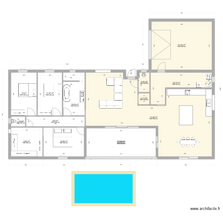 plan. Plan de 14 pièces et 212 m2