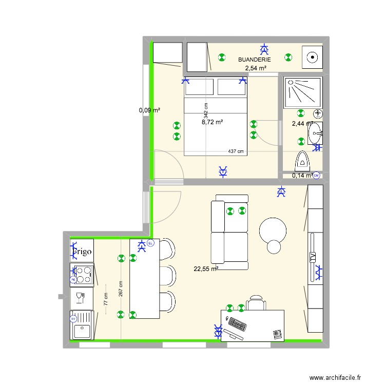 Lille 3 buanderie. Plan de 6 pièces et 36 m2