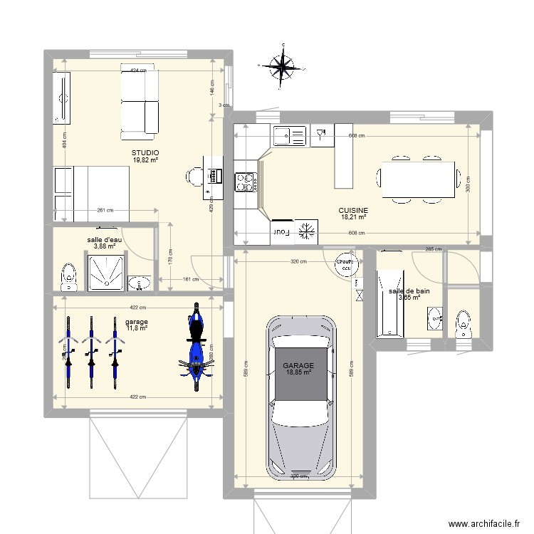 CUISINE GARAGES. Plan de 8 pièces et 78 m2