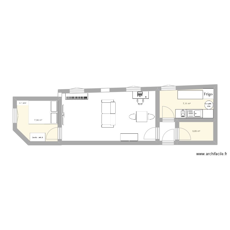 Zoub. Plan de 3 pièces et 18 m2