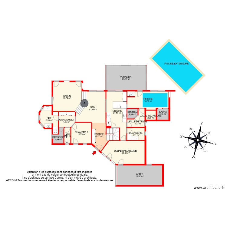 BI 7927 RDC. Plan de 21 pièces et 221 m2