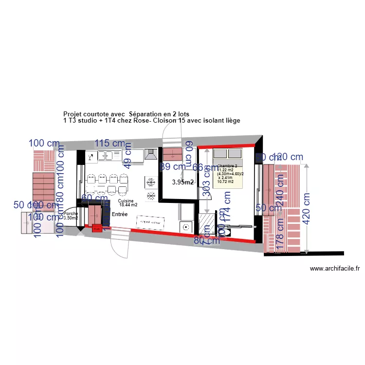 plan courtote 2D apr&egrave;s travaux s&eacute;paration en 2 LOTS T3/T4. Plan de 