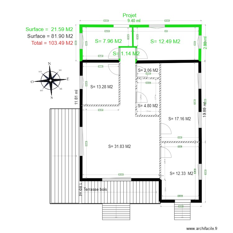 nini existand  et projet   0. Plan de 5 pièces et 65 m2