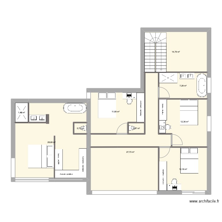 R+1. Plan de 10 pièces et 118 m2