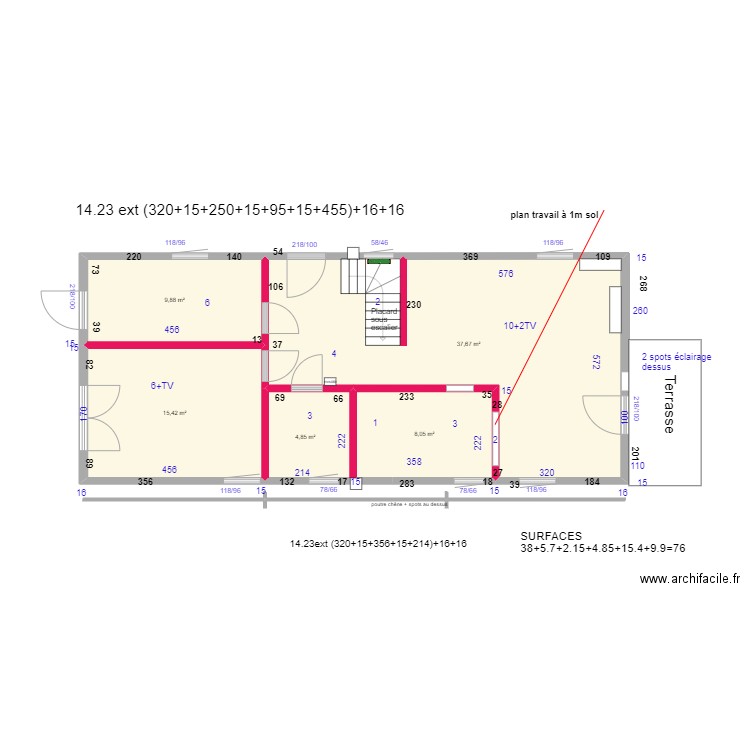 CERFONTAINE PERIMETRE  CLOISONS. Plan de 5 pièces et 76 m2